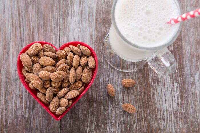 heart shaped almonds and milk