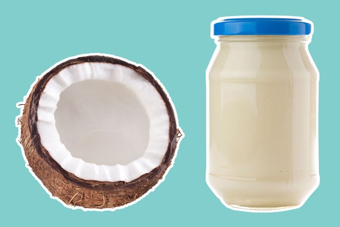 half of a coconut next to mayonnaise