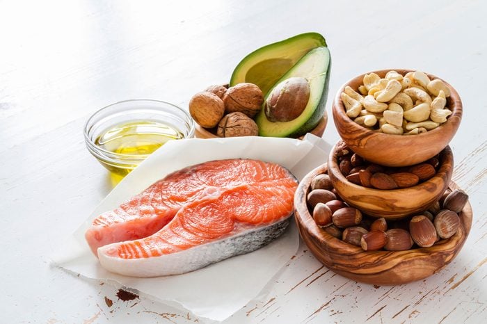 Omega-3 fatty rich foods like nuts, avocados and salmon.