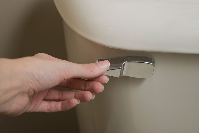 hand on toilet flush handle