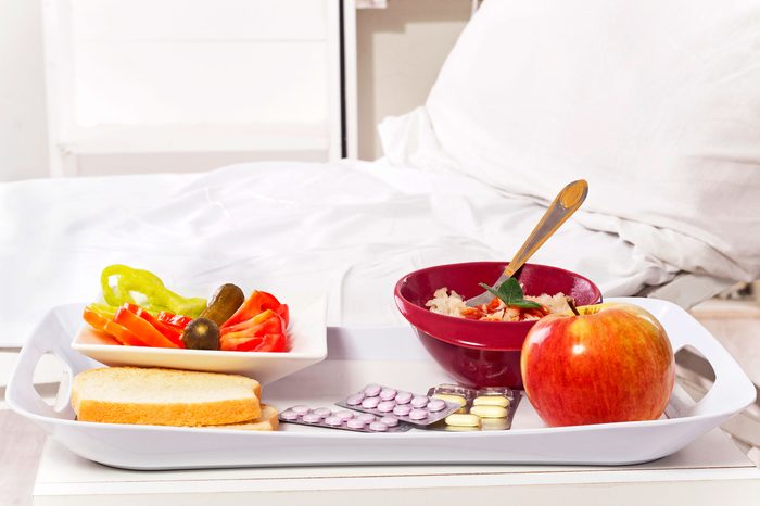 tray of food on hospital bed