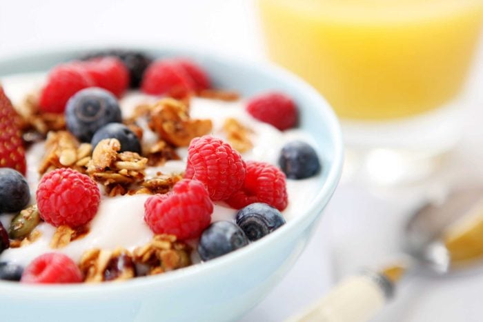 Yogurt bowl with berries and granola.