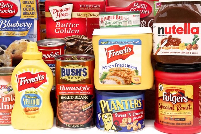 An array of packaged and processed foods.