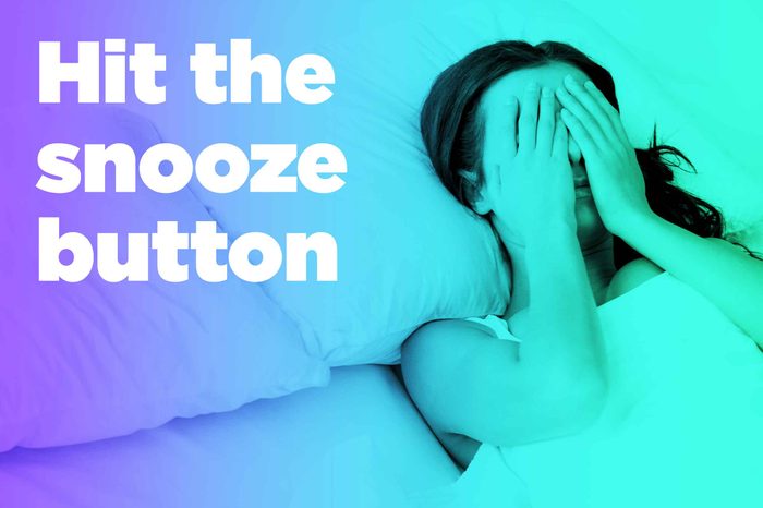 graphic of woman in bed with hands over eyes and "hit the snooze button"