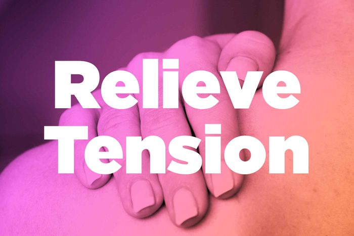 Words "relieve tension" over image of hands rubbing shoulder