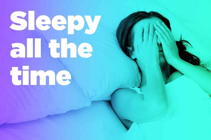 graphic of woman in bed with hands over eyes and "sleep all the time"