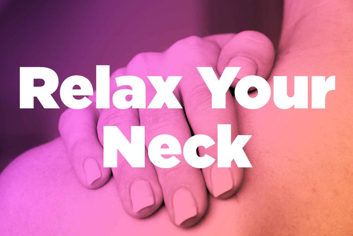 Words "relax your neck" over image of hands rubbing shoulder