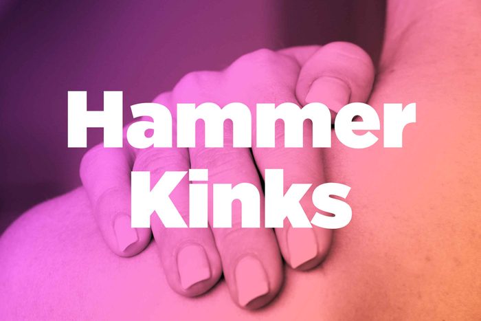 Words "hammer kinks" over image of hands rubbing shoulder