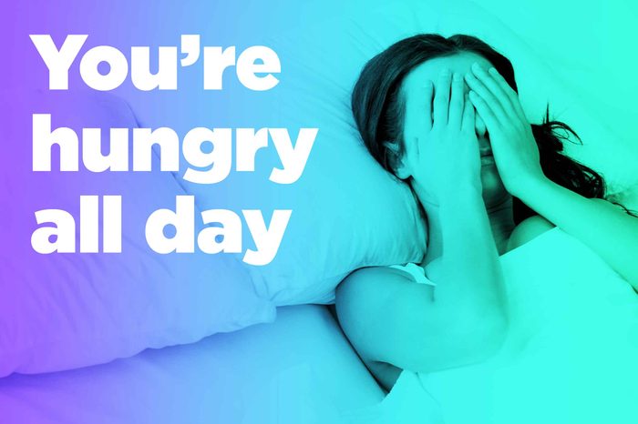 graphic of woman in bed with hands over eyes and "you're hungry all day"