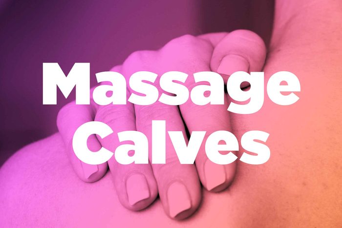 Words "massage calves" over image of hands rubbing shoulder
