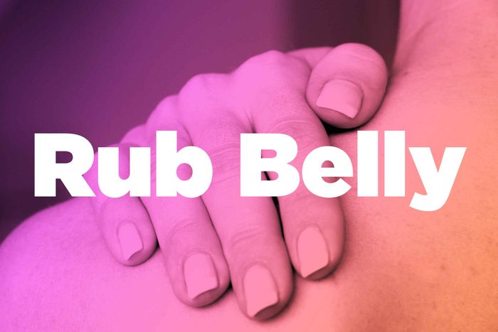 Words "rub belly" over image of hands rubbing shoulder