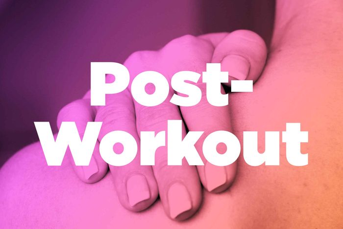 Words "post workout" over image of hands rubbing shoulder