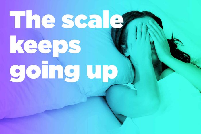 graphic of woman in bed with hands over eyes and "the scale keeps going up"