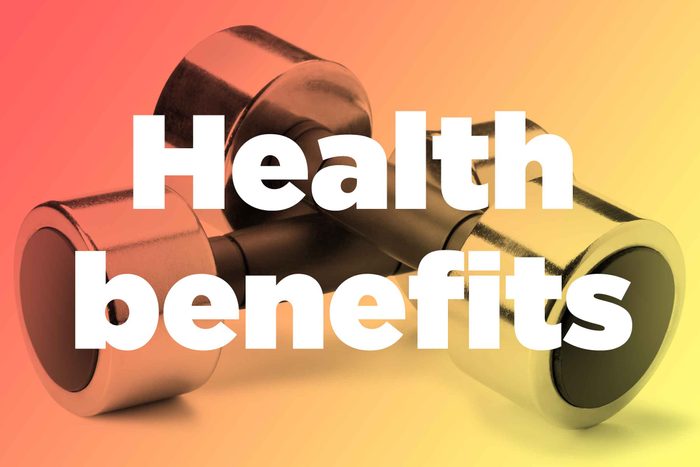 Words "health benefits" over hand weights