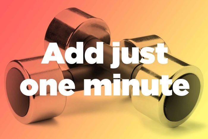 Words "add just one minute" over hand weights