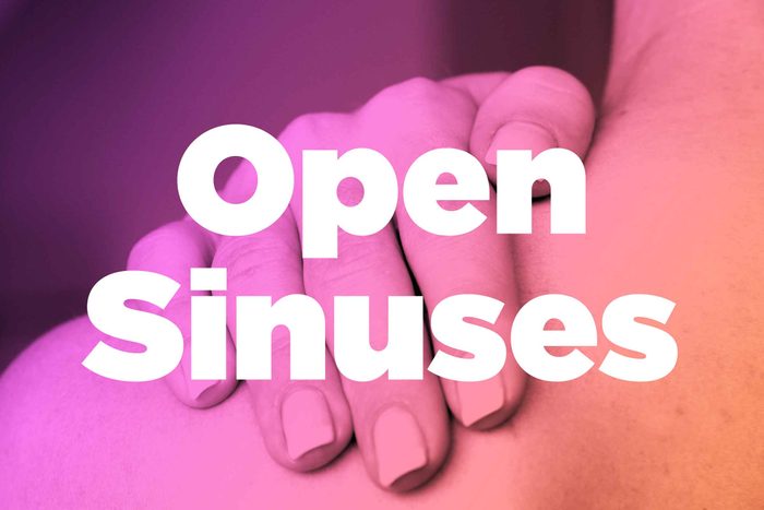 Words "open sinuses" over image of hands rubbing shoulder