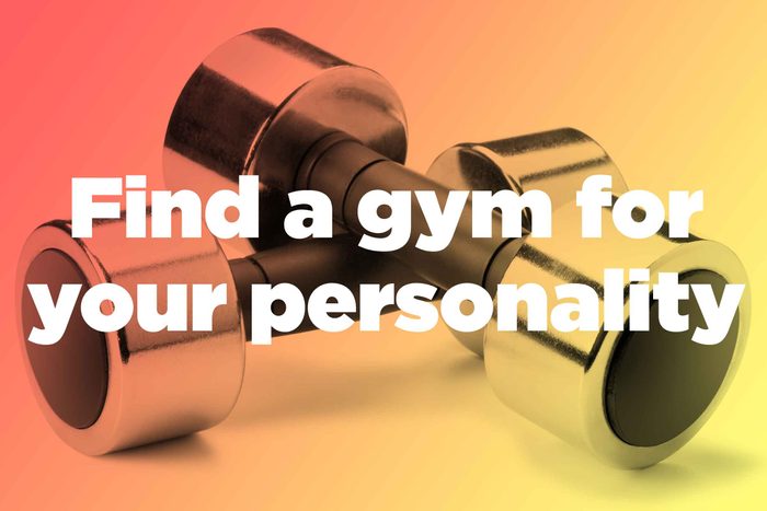 Words "find a gym for your personality" over hand weights