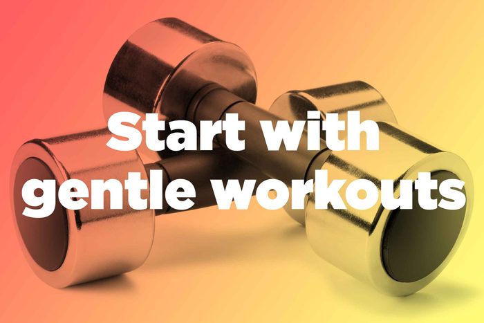 Words "start with gentle workouts" over hand weights