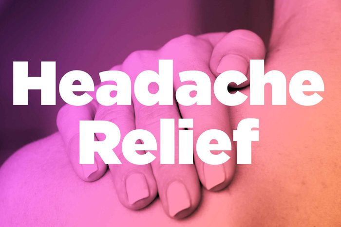 Words "headache relief" over image of hands rubbing shoulder