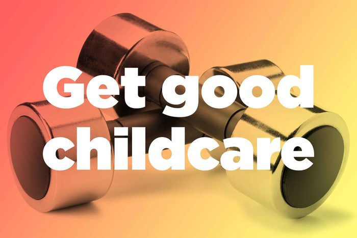 Words "get good childcare" over hand weights