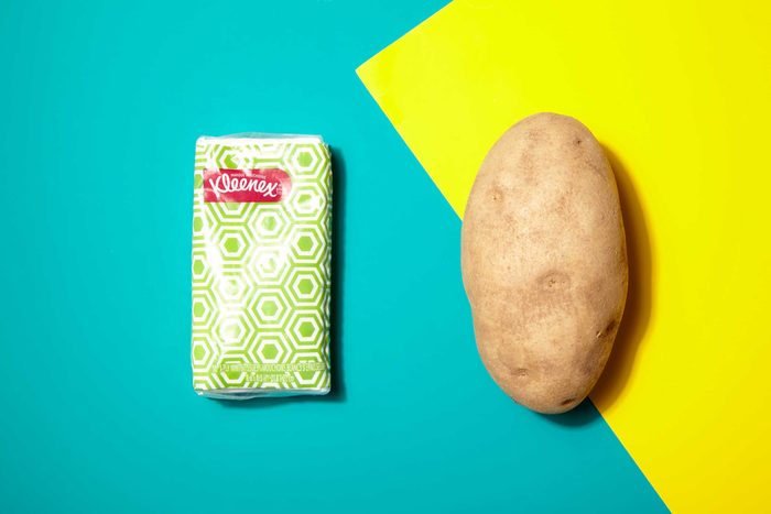 Illustration of portion control trick: tissue pack and potato