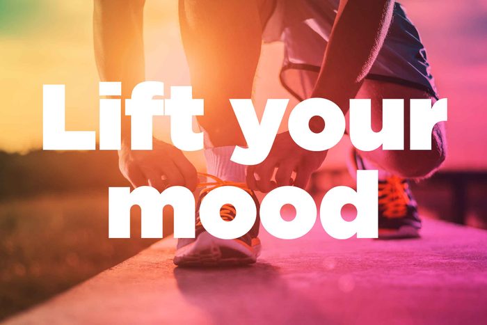 Text on background image of runner: "Lift your mood."