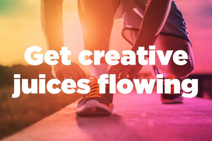 Text on background image of runner: "Get creative juices flowing."