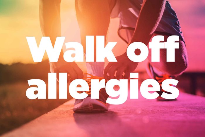Text on background image of runner: "Walk off allergies."