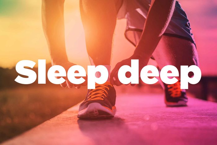 Text on background image of runner: "Sleep deep."
