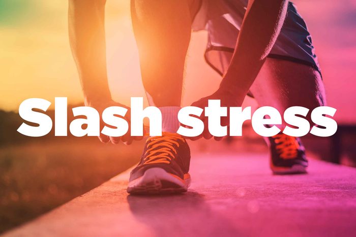 Text on background image of runner: "Slash stress."