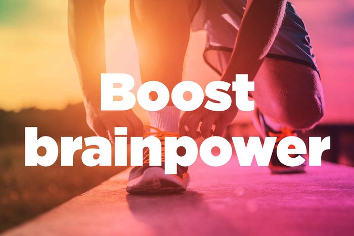 Text on background image of runner: "Boost brainpower."