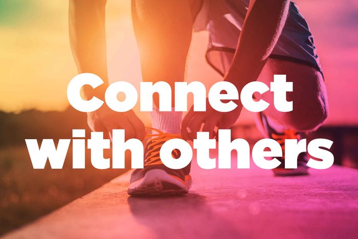 Text on background image of runner: "Connect with others."