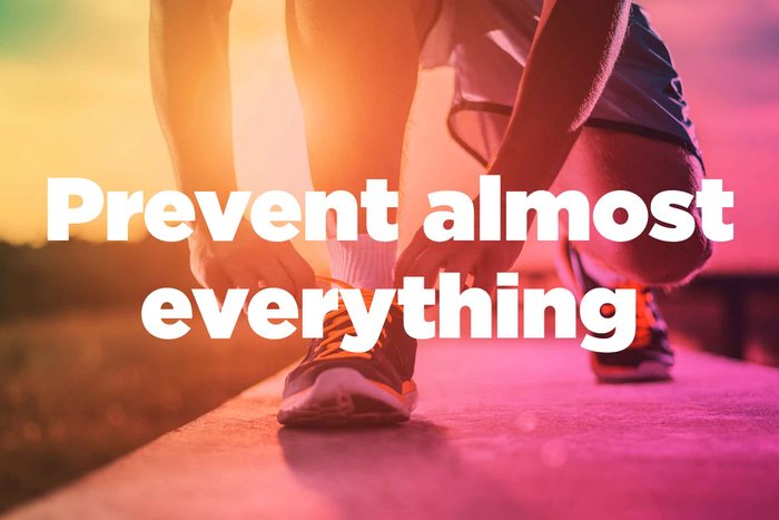 Text on background image of runner: "Prevent almost anything."