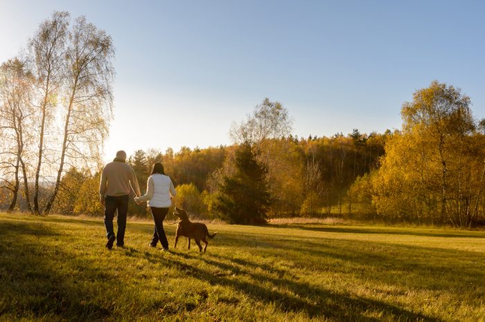 couple taking their dog on a walk