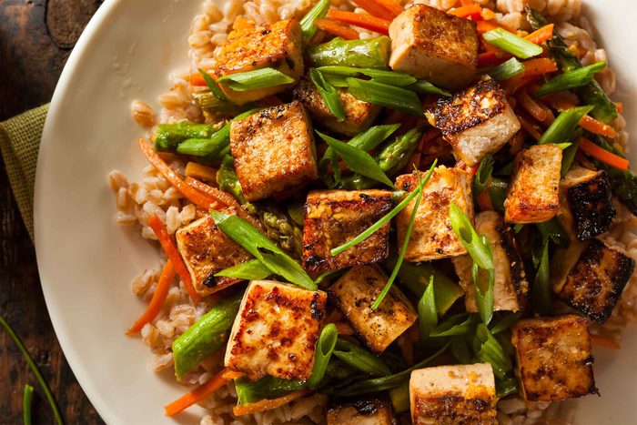a tofu and vegetable stir fry over brown rice