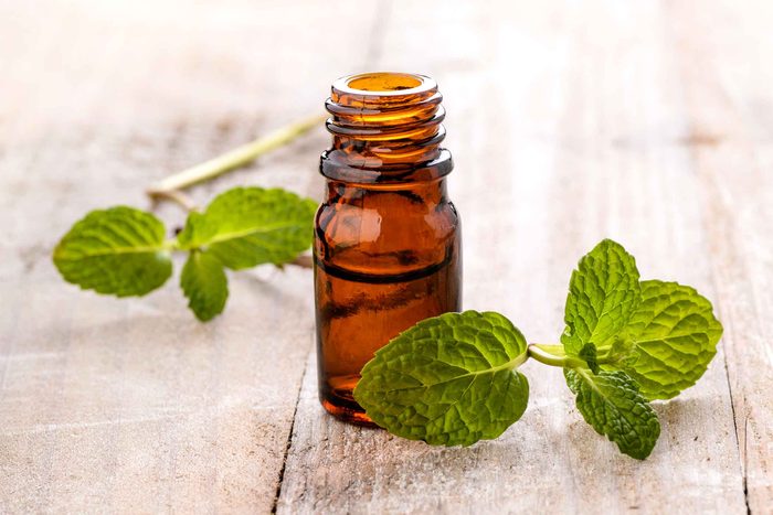 vial of peppermint oil with peppermint leaves