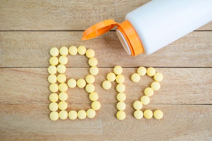 B 12 spelled out in vitamin pills.