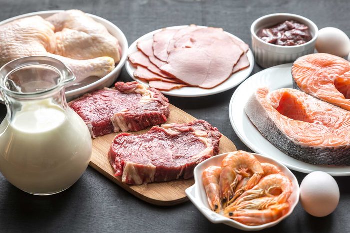 spread of protein sources: raw meat, seafood, eggs, and milk