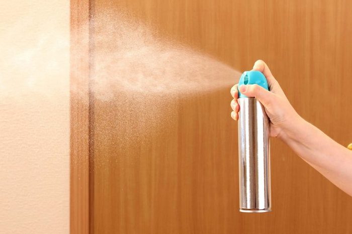 Person spraying an air freshener into the air.