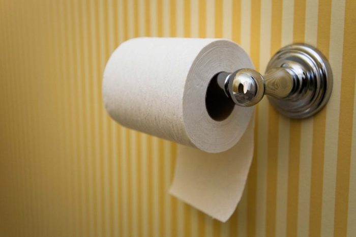 Toilet paper roll mounted on a yellow and white wallpapered bathroom wall.