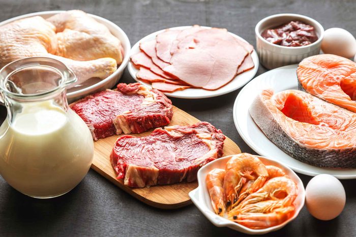 assortment of proteins: milk, egg, seafood, poultry, and meat