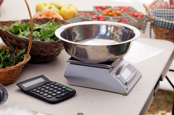 Food scale and calculator on a table
