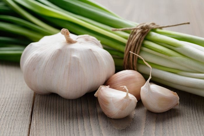 garlic bulb, heads, and stalks