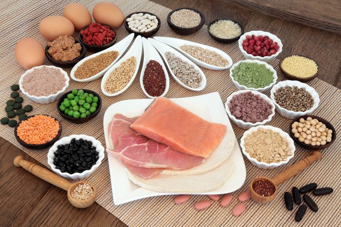 artful assortment of nuts, meats, eggs, and other proteins