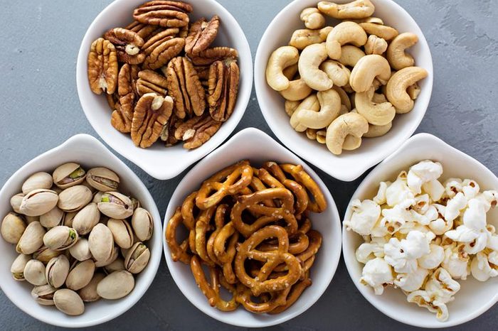 snacks with nuts and popcorn