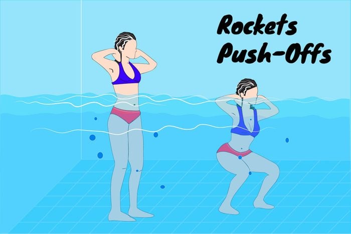 Graphic of woman doing a rocket/push-off in a pool.
