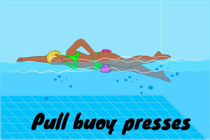 Graphic of woman doing pull buoy presses in a pool.