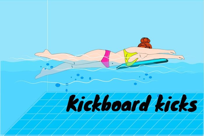 Graphic of woman doing kickboard kicks in a pool.