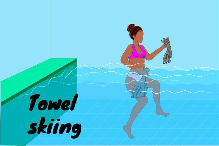 Graphic of a woman towel skiing in a pool.