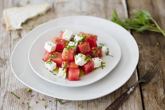 Dish of watermelon and feta cheese.